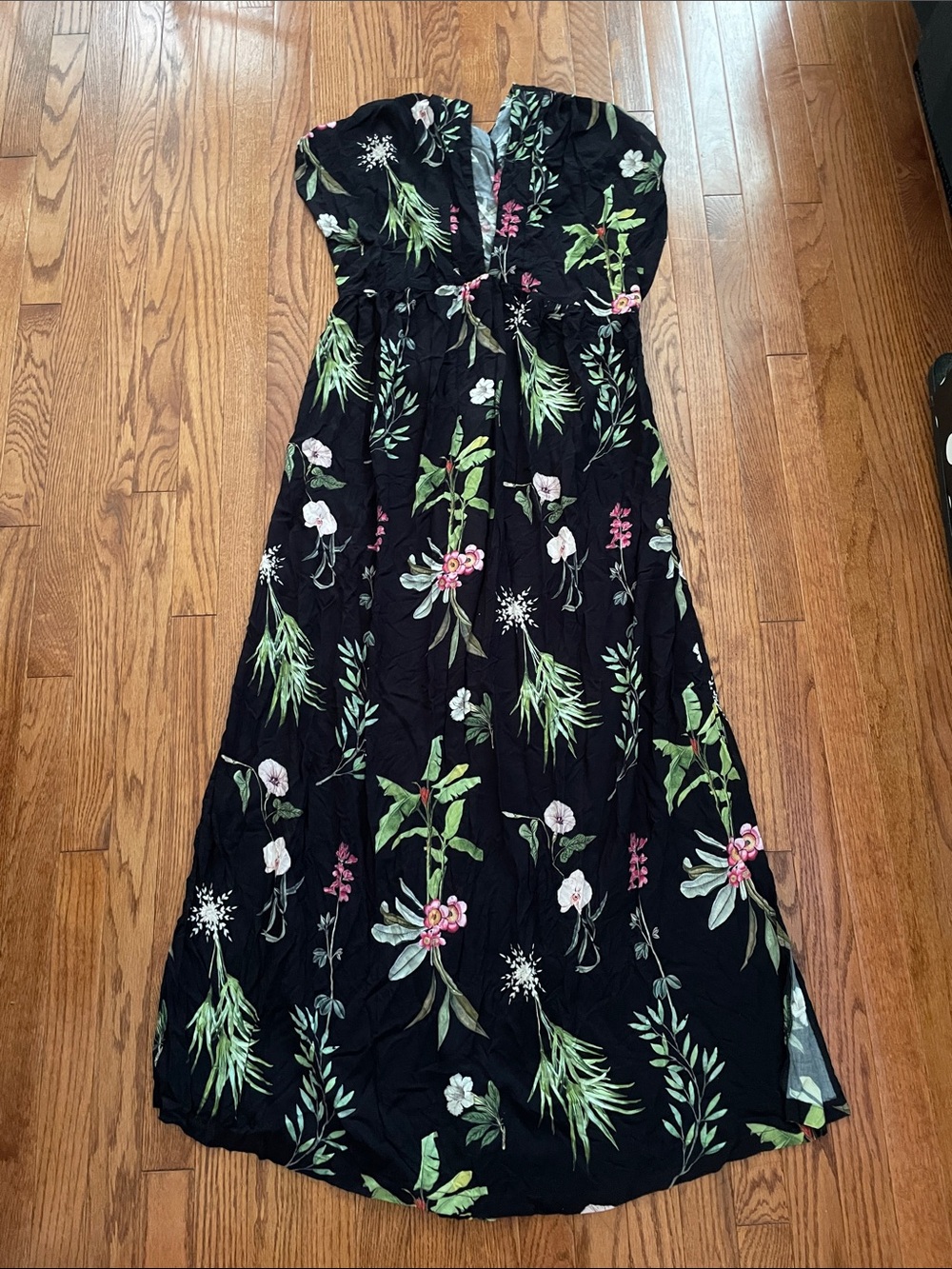 Anthropologie Malai Black Tropical Print Deep V Neck Maxi Dress Sz Large NWT
